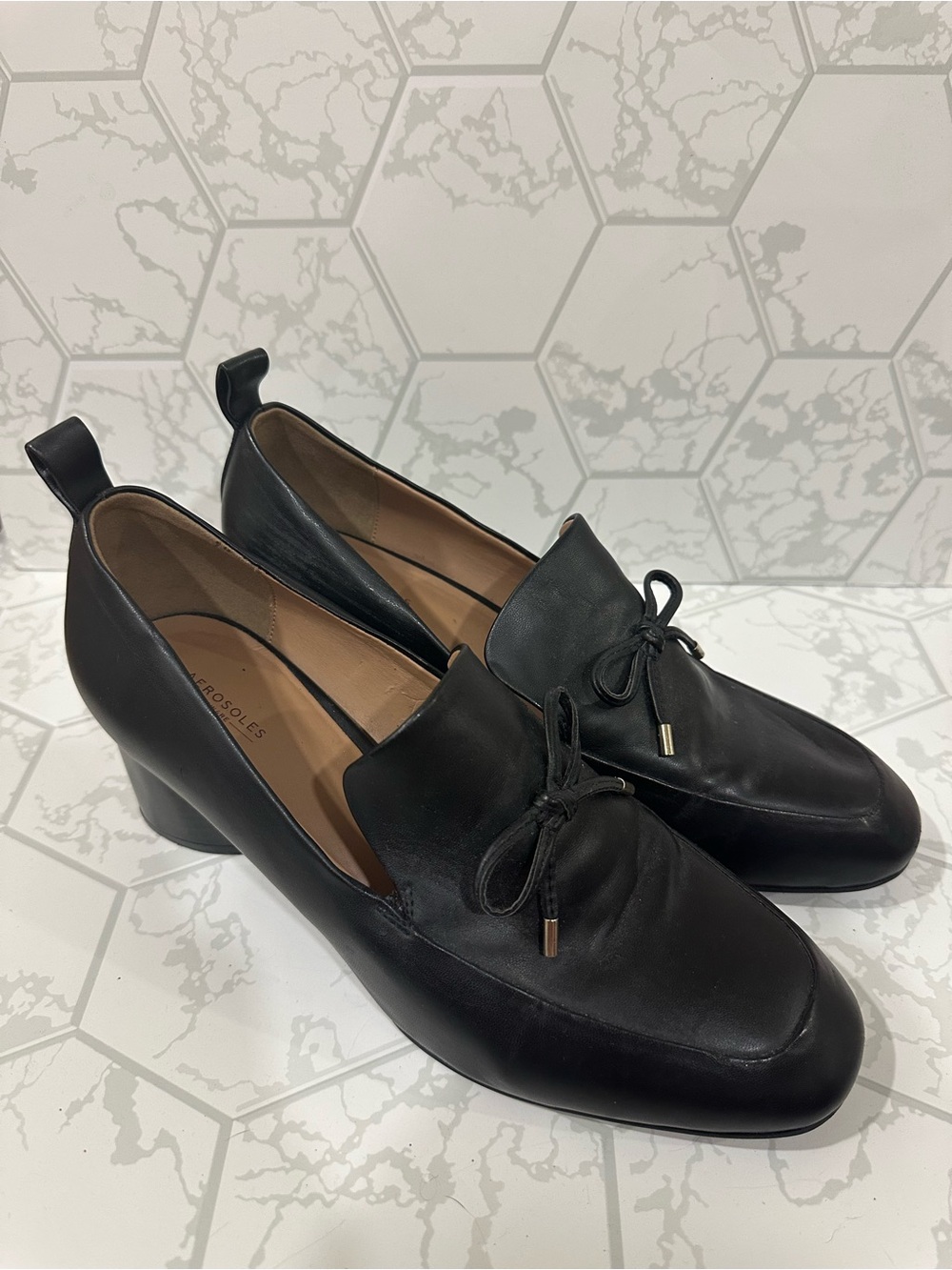 AEROSOLES Black Leather Tie-Accent Block Heel Loafers